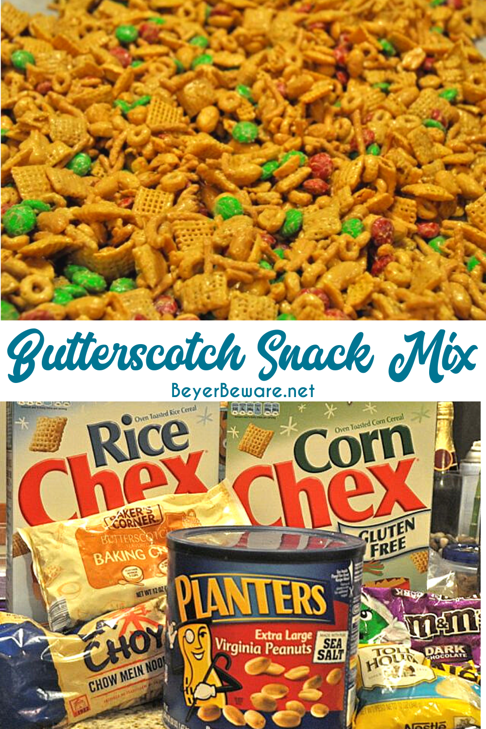 Butterscotch Snack Mix is the candy coated chex mix Chex and Cheerio cereal, peanuts, and candy covered in butterscotch and peanut butter.
