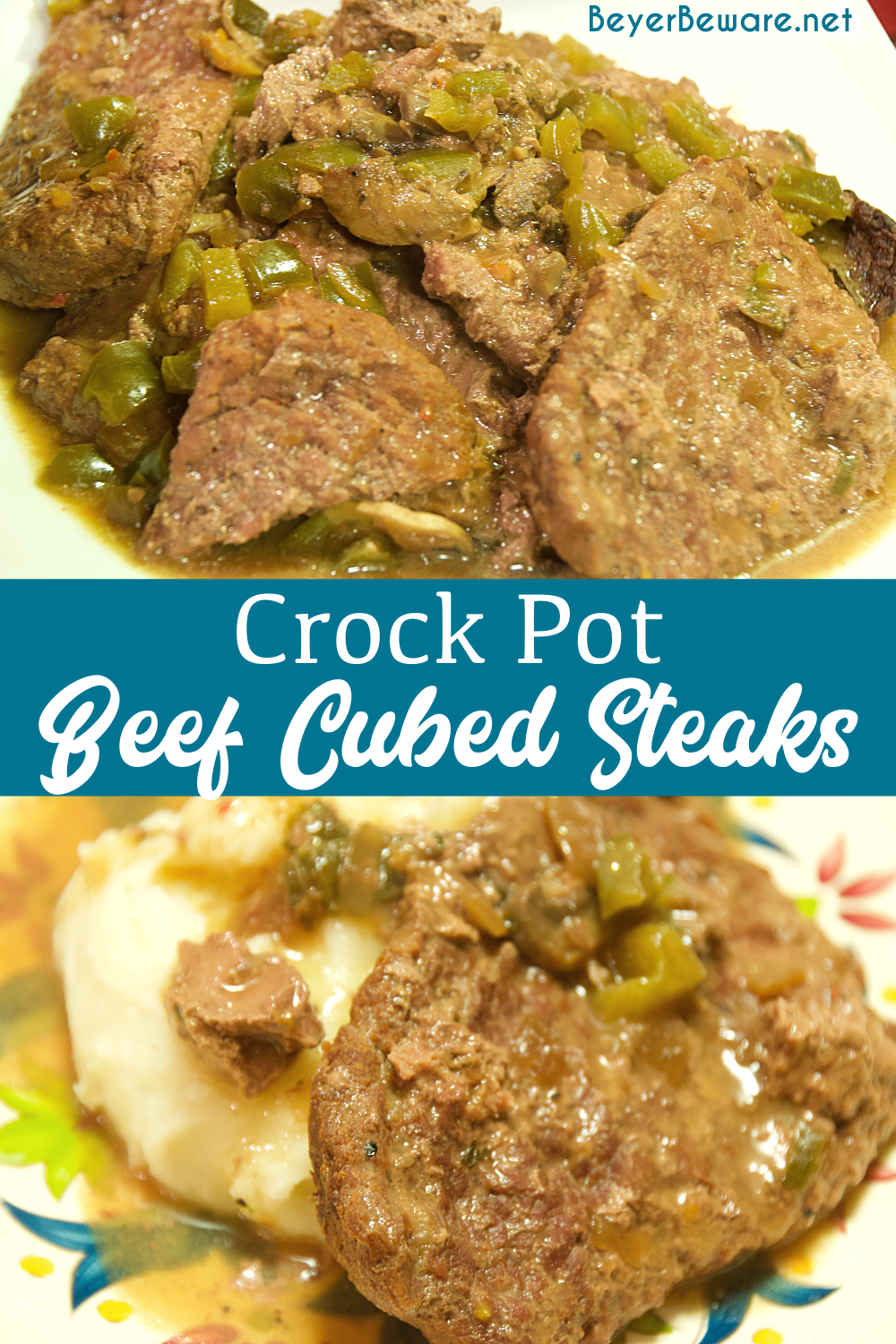 Crock pot beef cubed steak with gravy is a simple recipe that combines ranch and Italian seasoning and cream of mushroom soup and French onion soup with mushrooms, onions, and peppers for a tender cubed steak recipe that is perfect over mashed potatoes.