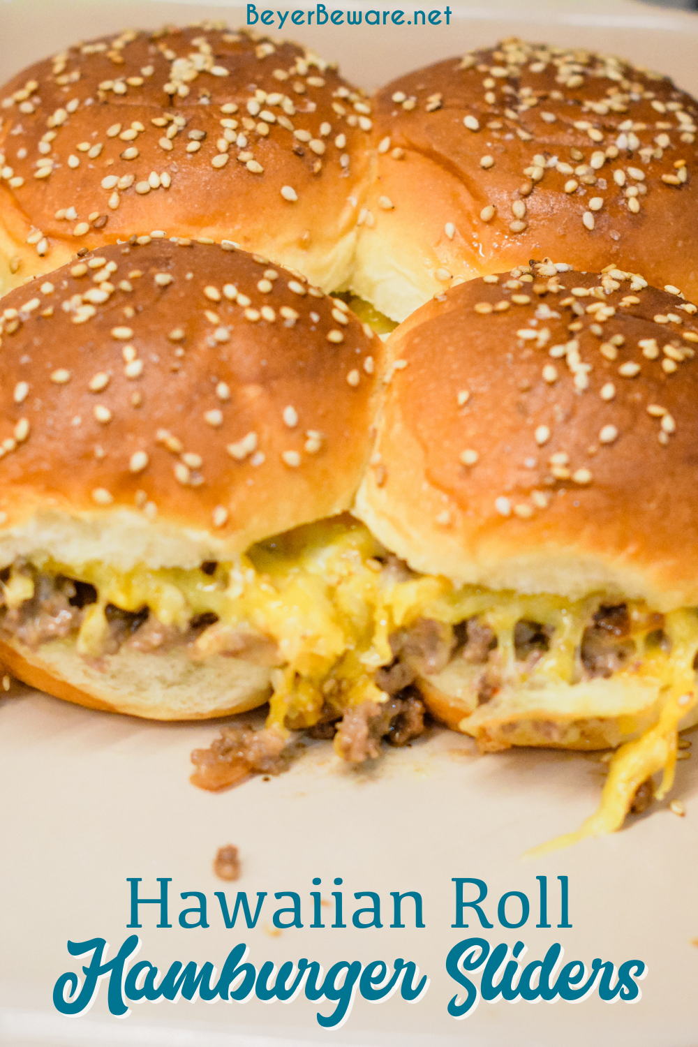 Hawaiian roll hamburger sliders recipe is a loose meat cheeseburger sliders pan fried with onion soup mix and mayonnaise then baked on the butter topped rolls with lots of cheese.