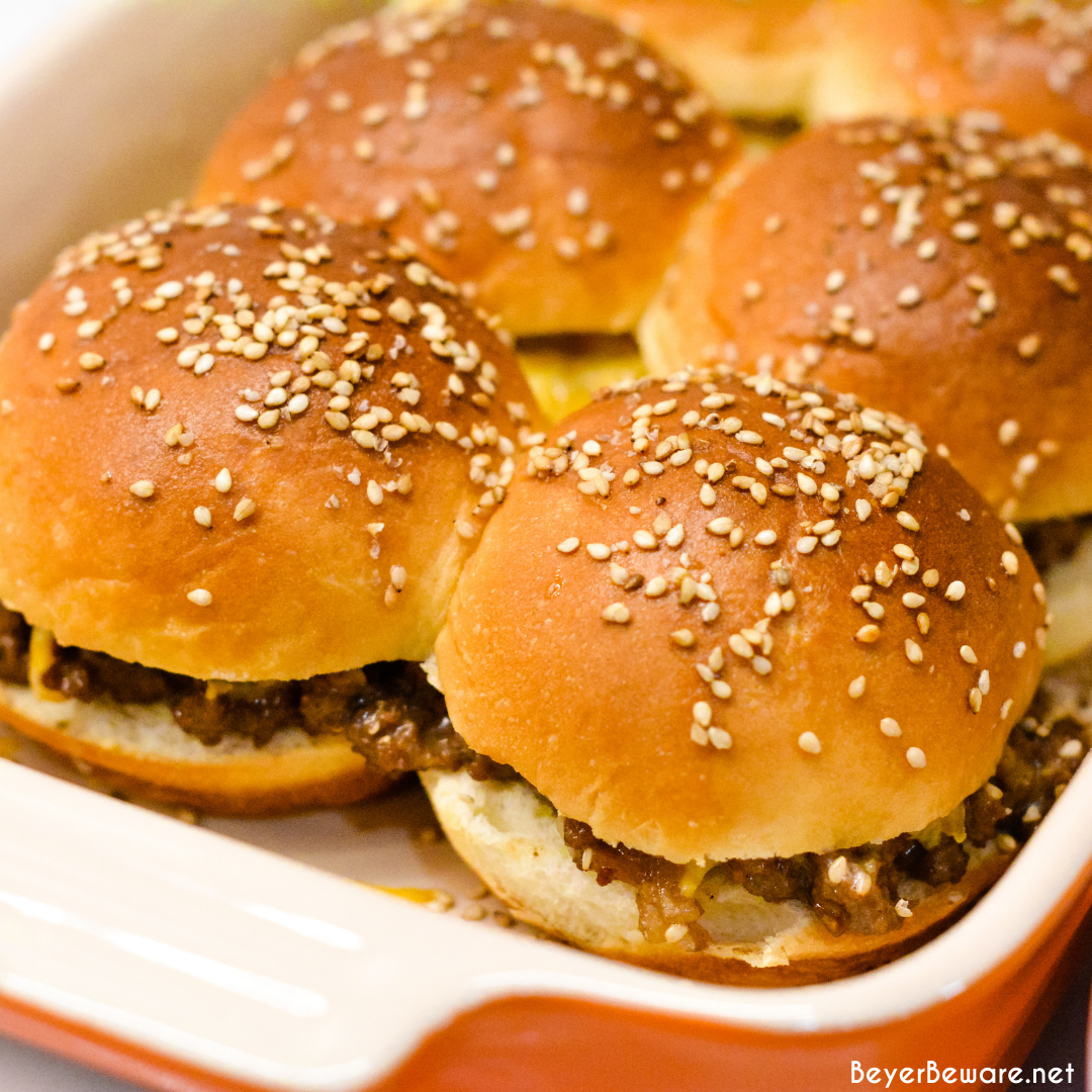 Hawaiian roll hamburger sliders recipe is a loose meat cheeseburger sliders pan fried with onion soup mix and mayonnaise then baked on the butter topped rolls with lots of cheese.
