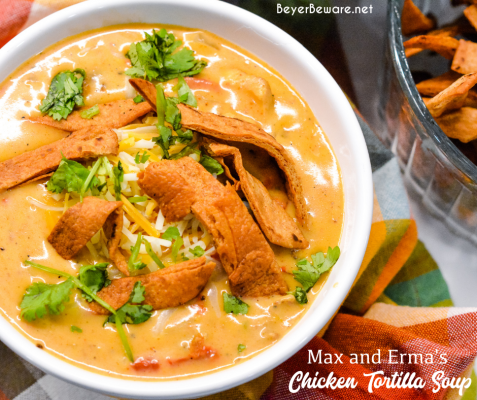 30-minute chicken tortilla soup is by far one of my family's favorite chicken soups and is the copycat recipe of the restaurant Max and Erma's chicken tortilla soup. This chicken tortilla soup is made with lots of cheese including velveeta, grilled chicken, and has lots of flavor from onions, garlic, green chilis and fire roasted tomatoes.