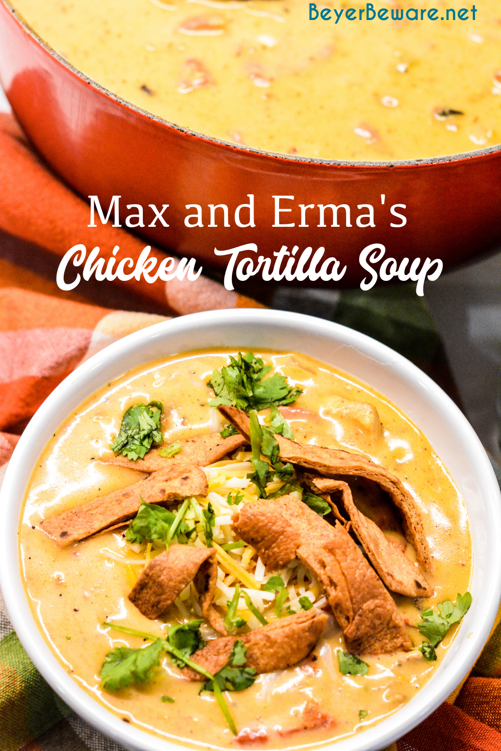 30-minute chicken tortilla soup is by far one of my family's favorite chicken soups and is the copycat recipe of the restaurant Max and Erma's chicken tortilla soup. This chicken tortilla soup is made with lots of cheese including velveeta, grilled chicken, and has lots of flavor from onions, garlic, green chilis and fire roasted tomatoes.