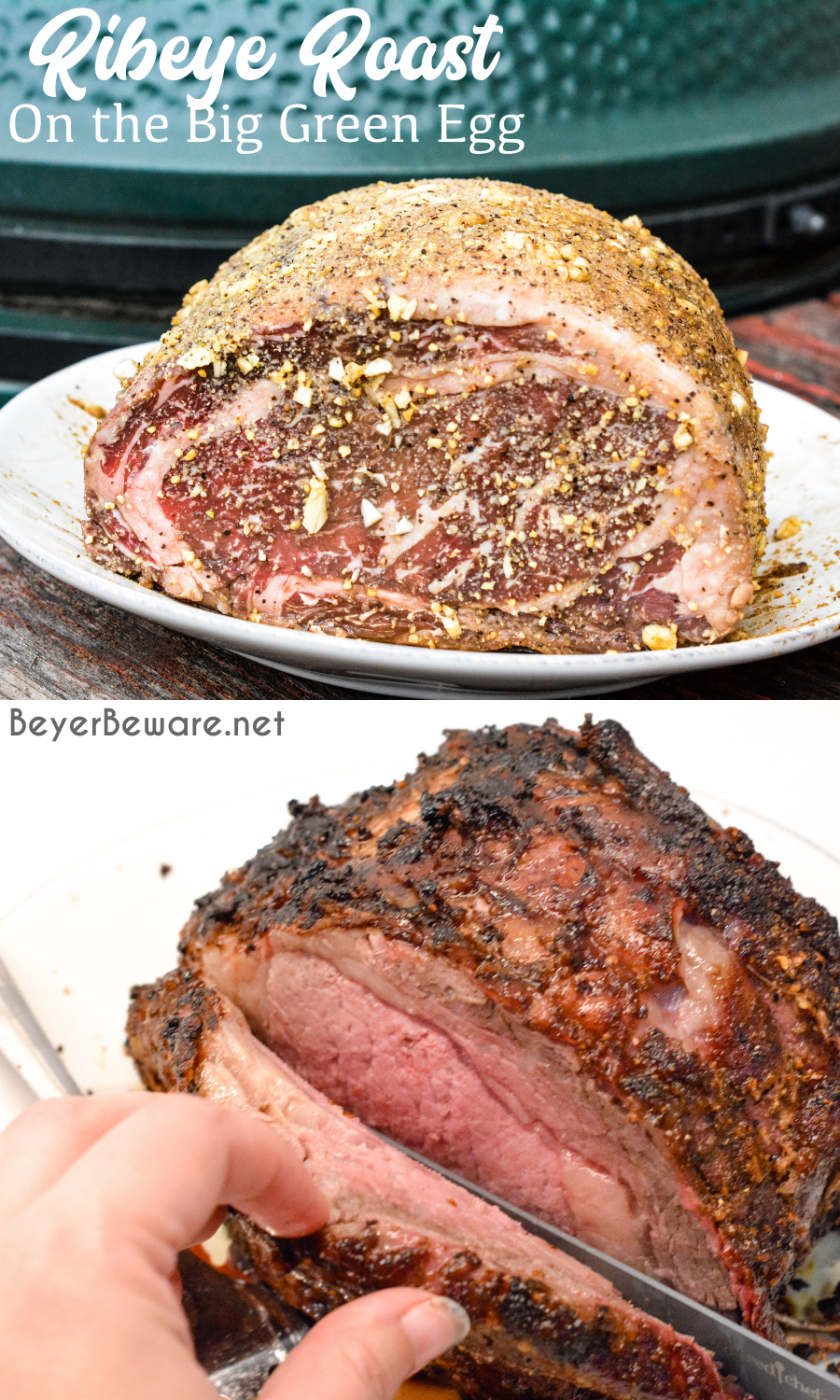 Knowing how to make a ribeye roast can mean a perfect beef holiday dinner entree that is perfectly cooked to a medium rare with a garlic and pepper crust all done on the Big Green Egg grill or the oven.