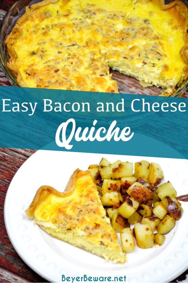 Easy bacon and cheese quiche is made quickly in a blender and poured into a store-bought pie crust that has been filled with bacon and shredded cheese for a velvety smooth quiche. After baking, this quiche can be enjoyed or popped in the freezer for use at a later date.