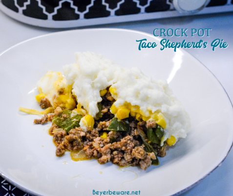 Taco Shepherd's Pie is an easy taco casserole made with leftover mashed potatoes, ground beef, corn, cheese, and peppers in the crock pot or oven.