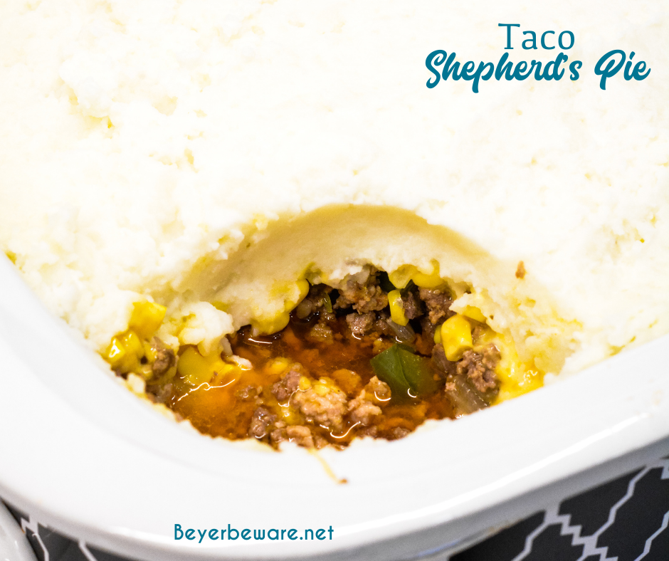 Taco Shepherd's Pie is an easy taco casserole made with leftover mashed potatoes, ground beef, corn, cheese, and peppers in the crock pot or oven.