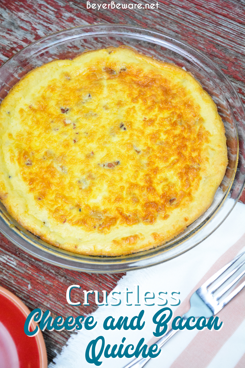 Crustless cheese and bacon quiche is a velvety smooth quiche recipe made quickly in the blender with eggs, cottage cheese, cream and then combined with bacon in a pie pan.
