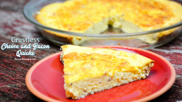Crustless cheese and bacon quiche is a velvety smooth quiche recipe made quickly in the blender with eggs, cottage cheese, cream and then combined with bacon in a pie pan.