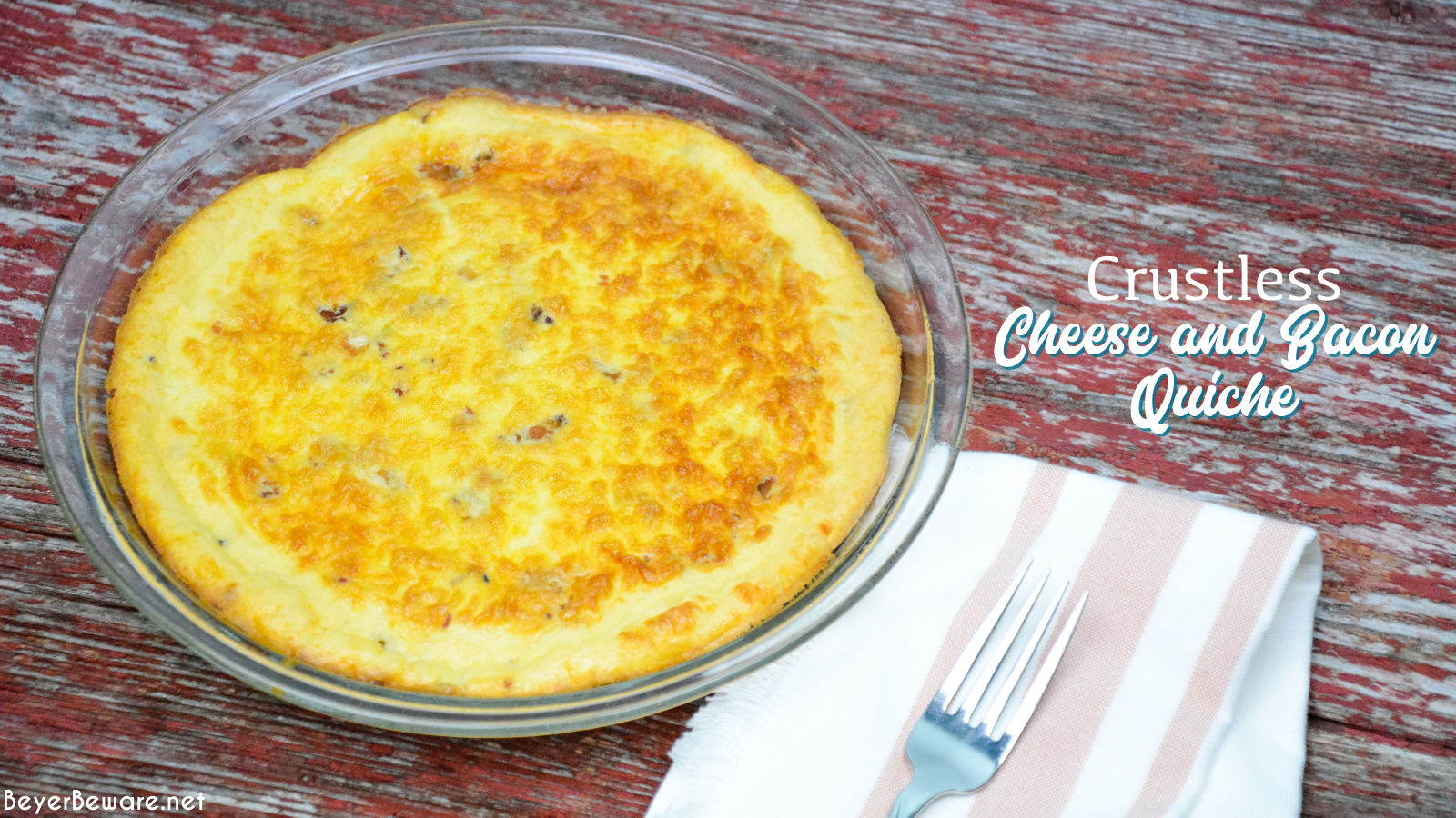 Crustless cheese and bacon quiche is a velvety smooth quiche recipe made quickly in the blender with eggs, cottage cheese, cream and then combined with bacon in a pie pan.