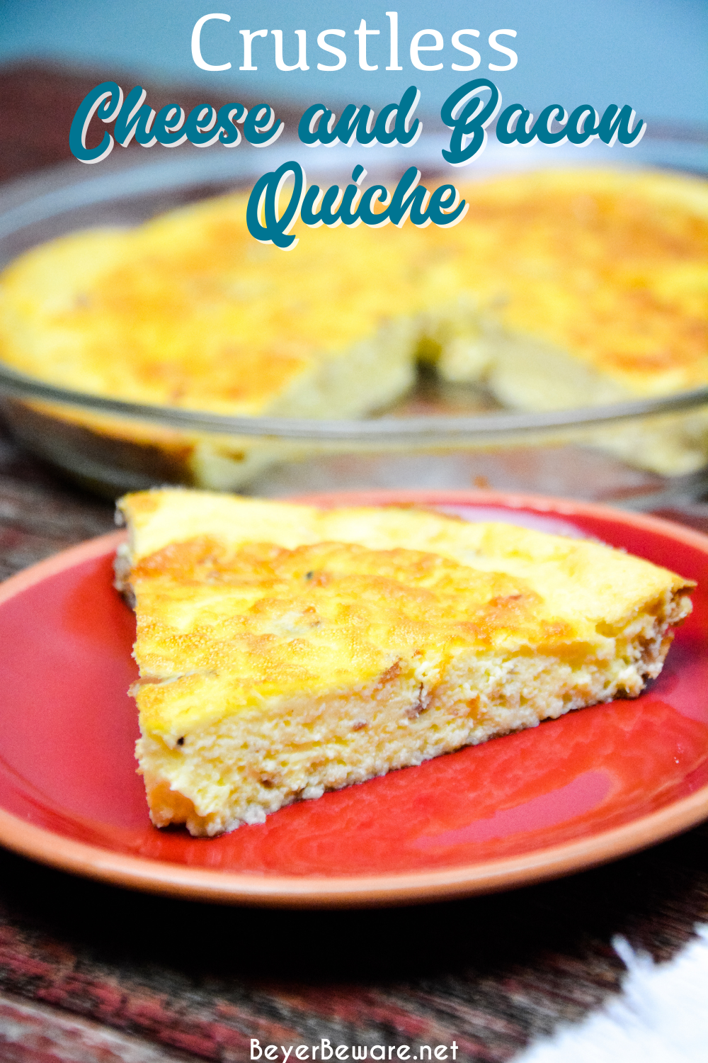 Crustless cheese and bacon quiche is a velvety smooth quiche recipe made quickly in the blender with eggs, cottage cheese, cream and then combined with bacon in a pie pan.