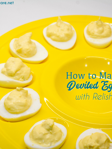 This is an easy deviled egg recipe made with relish, dijon mustard, and mayonnaise.
