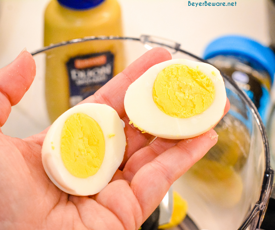 This is an easy deviled egg recipe made with relish, dijon mustard, and mayonnaise.