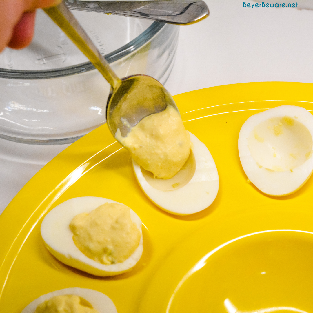 This is an easy deviled egg recipe made with relish, dijon mustard, and mayonnaise.