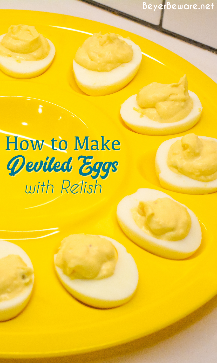 This is an easy deviled egg recipe made with relish, dijon mustard, and mayonnaise.