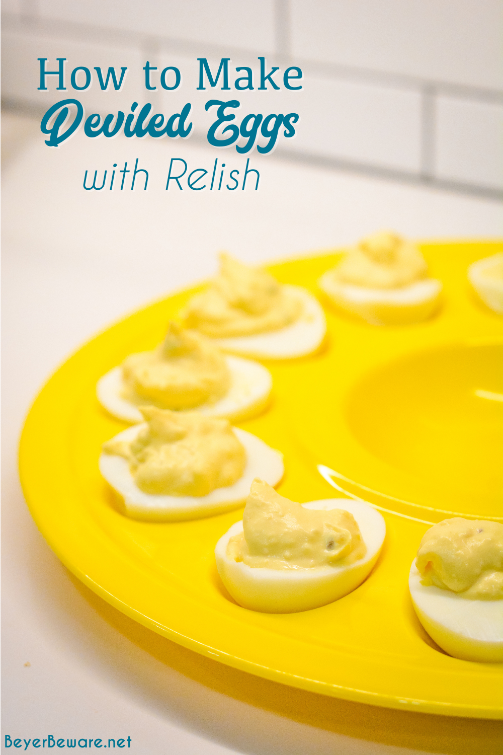 This is an easy deviled egg recipe made with relish, dijon mustard, and mayonnaise.