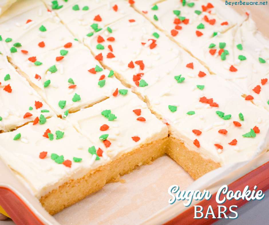  sukker Cookie barer er en simpel bar cookie lavet med en pakke af Betty Crocker sukker cookie blanding, smør og æg toppet med en hjemmelavet Lofthouse cookie type glasur til en hurtig og enkel godbid.