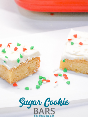 Sugar Cookie Bars are a simple bar cookie made with a package of Betty Crocker sugar cookie mix, butter, and eggs topped with a homemade Lofthouse cookie type icing for a quick and simple treat.