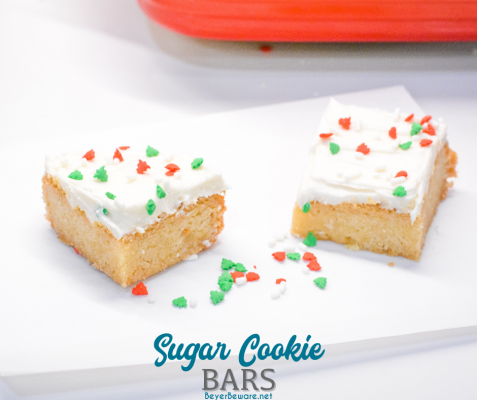 Sugar Cookie Bars are a simple bar cookie made with a package of Betty Crocker sugar cookie mix, butter, and eggs topped with a homemade Lofthouse cookie type icing for a quick and simple treat.