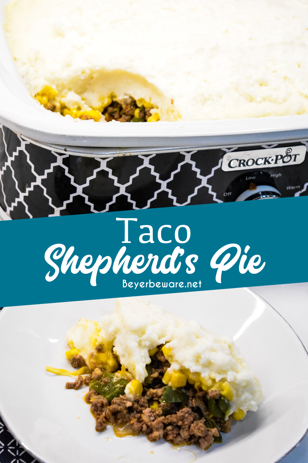 Taco Shepherd's Pie is an easy taco casserole made with leftover mashed potatoes, ground beef, corn, cheese, and peppers in the crock pot or oven.