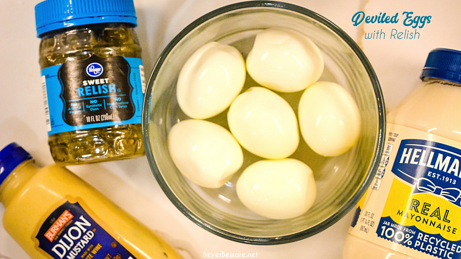 Deviled Egg Ingredients - Mayonnaise, mustard, relish and hard boiled eggs