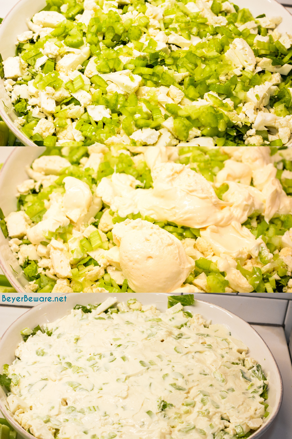 Overnight lettuce salad is my grandmother's version of 7 layer salad made with lettuce, cauliflower, mayonnaise, onions, celery, bacon, and parmesan cheese.