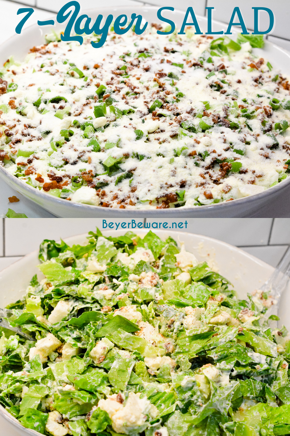Overnight lettuce salad is my grandmother's version of 7 layer salad made with lettuce, cauliflower, mayonnaise, onions, celery, bacon, and parmesan cheese.