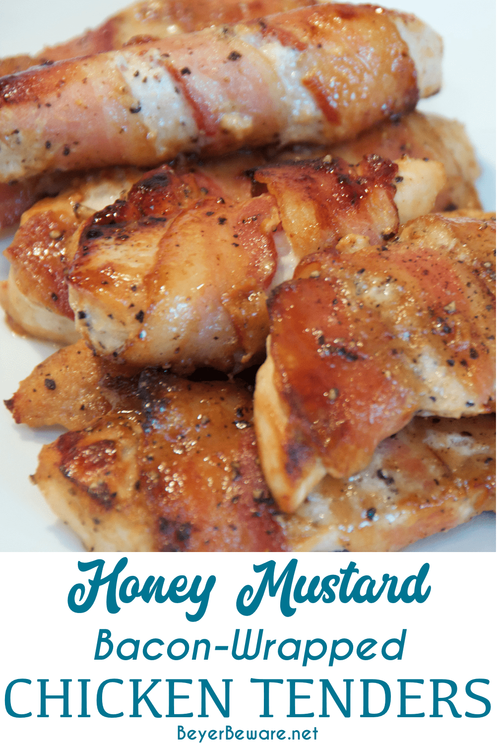 Honey mustard bacon wrapped chicken tenders are an easy chicken recipe made with a simple homemade honey mustard sauce and then baked for a perfect non-breaded chicken tenders option.