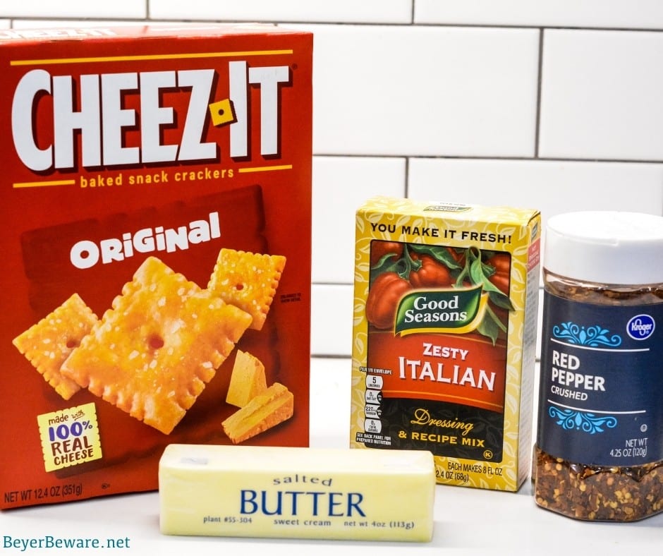 Firecrackers Ingredients - CheezIt crackers, Italian Dressing Seasoning, Butter, Red Pepper Flakes