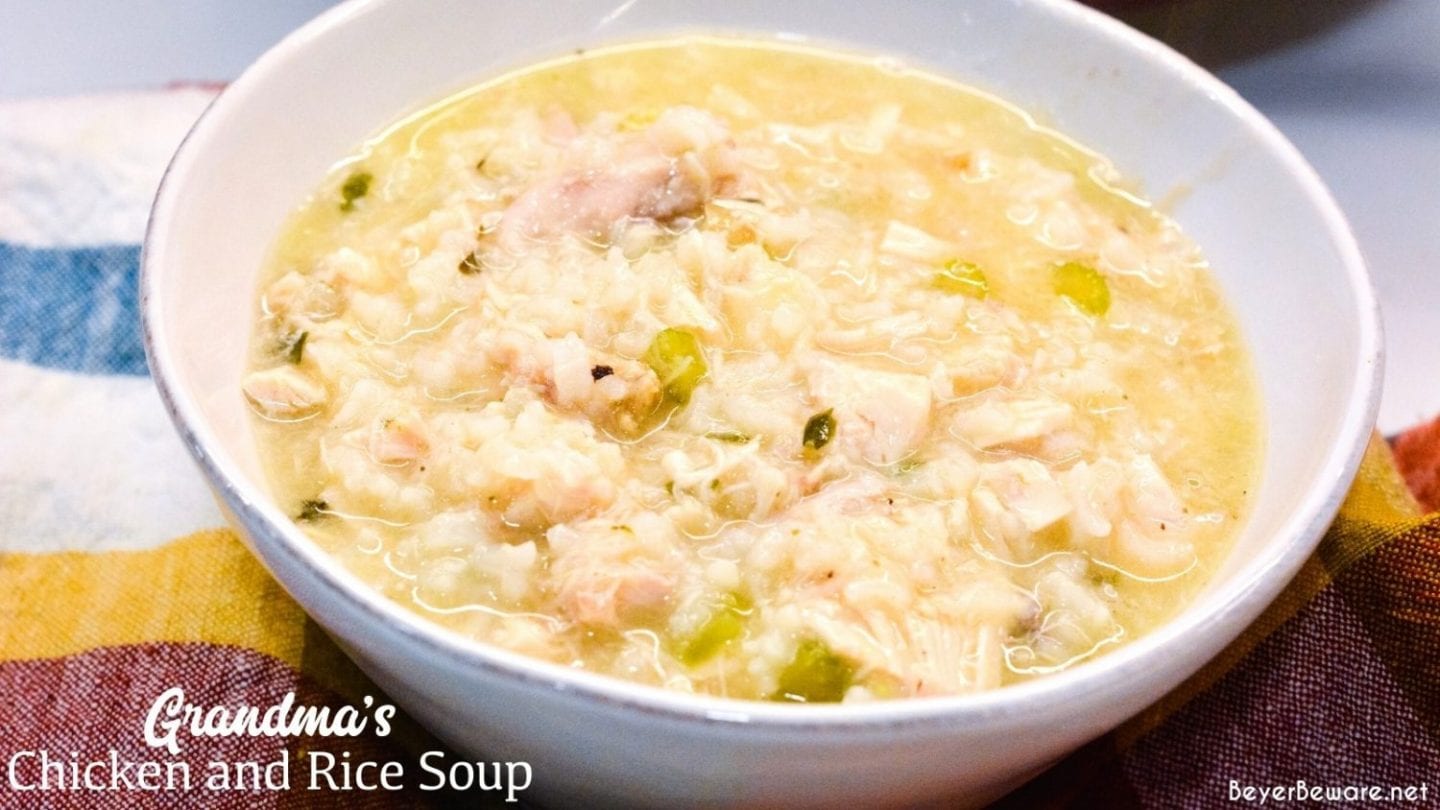 Grandma's chicken and rice soup is made from a whole chicken, onions, celery, and rice with seasonings, butter, and Better than Bouillon for spoonfuls of comfort.