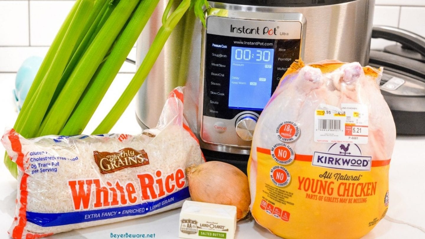 Grandma's Chicken and Rice Soup ingredients - Shredded chicken, celery, onion, butter, broth, rice.