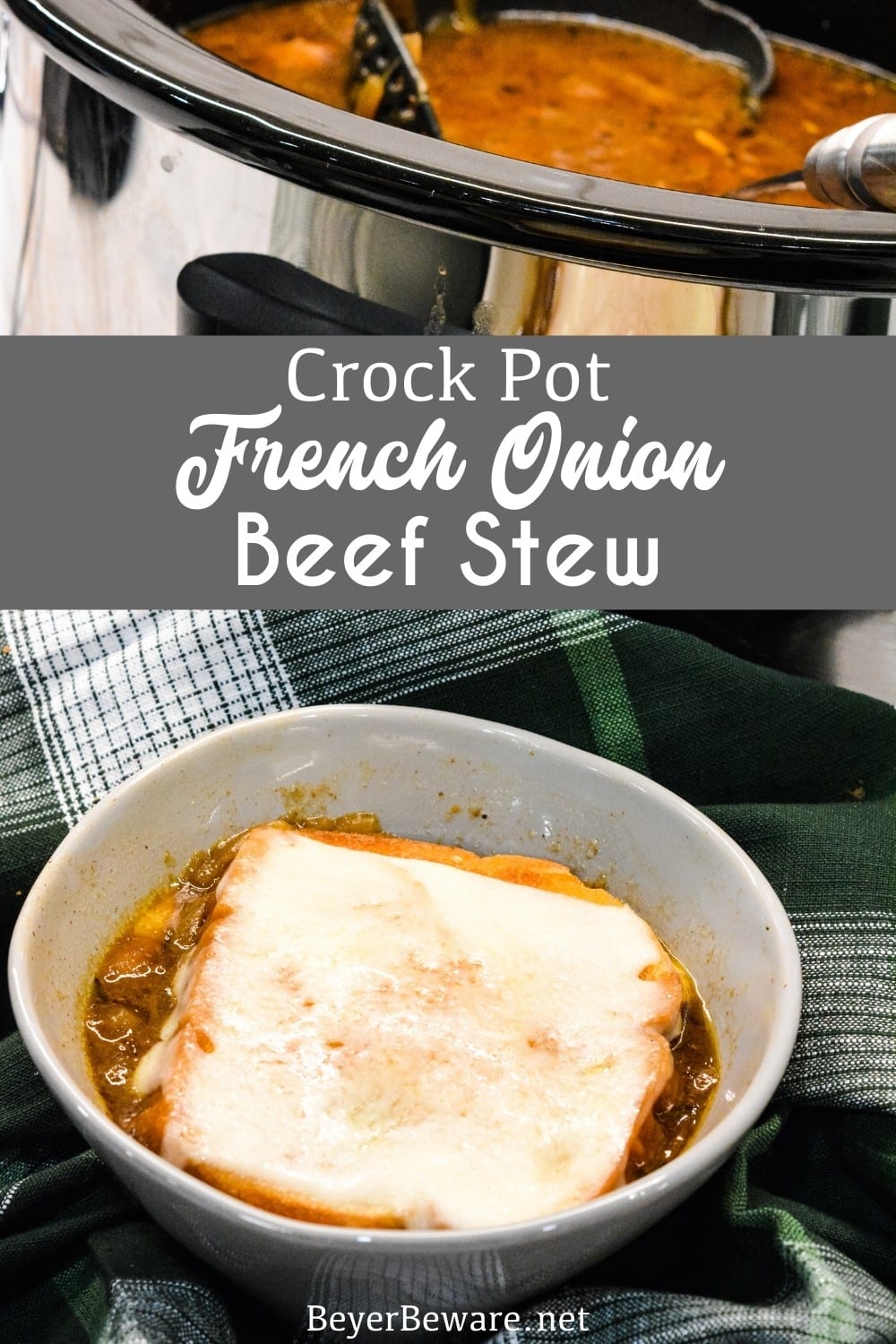 Crock Pot French Onion Beef Stew is a hearty French onion soup recipe that combines the rich flavors from the beef and caramelized onions for a buttery soup topped off with crusty bread or croutons and cheese.