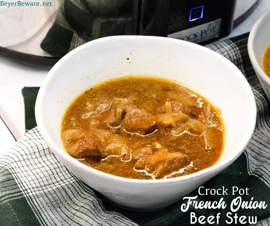 Crock Pot French Onion Beef Stew is a hearty French onion soup recipe that combines the rich flavors from the beef and caramelized onions for a buttery soup topped off with crusty bread or croutons and cheese.