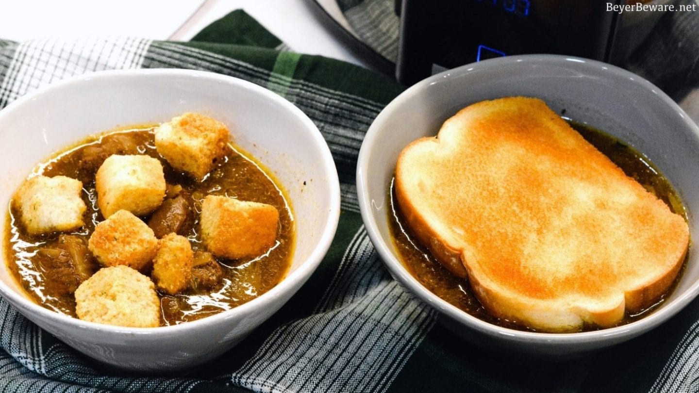 Crock Pot French Onion Beef Stew is a hearty French onion soup recipe that combines the rich flavors from the beef and caramelized onions for a buttery soup topped off with crusty bread or croutons and cheese.