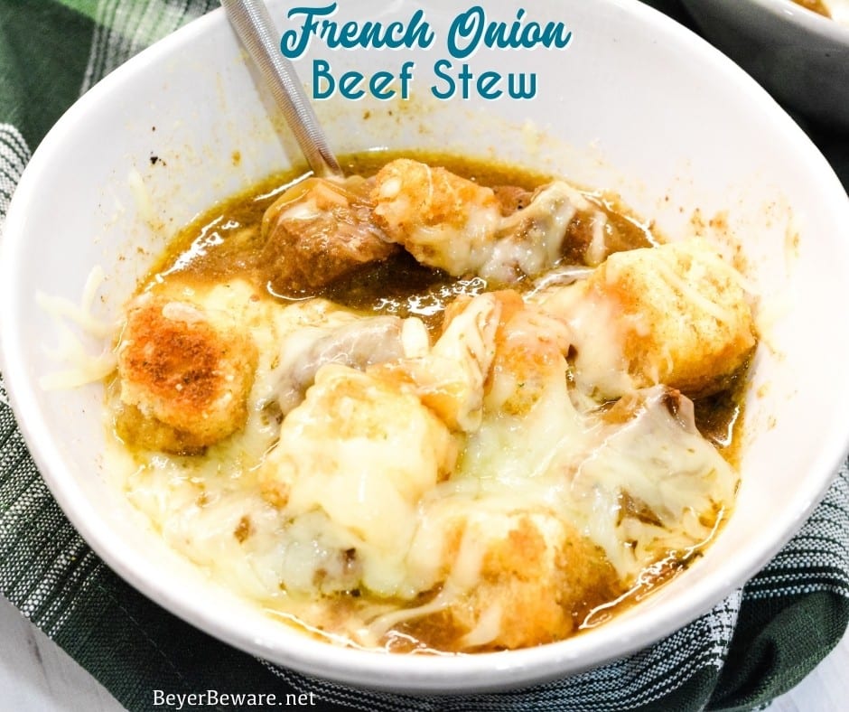 Crock Pot French Onion Beef Stew is a hearty French onion soup recipe that combines the rich flavors from the beef and caramelized onions for a buttery soup topped off with crusty bread or croutons and cheese.