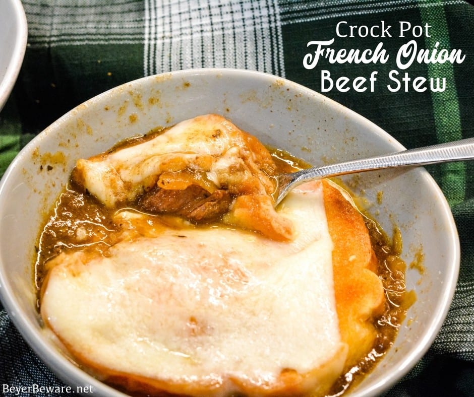 Crock Pot French Onion Beef Stew is a hearty French onion soup recipe that combines the rich flavors from the beef and caramelized onions for a buttery soup topped off with crusty bread or croutons and cheese.