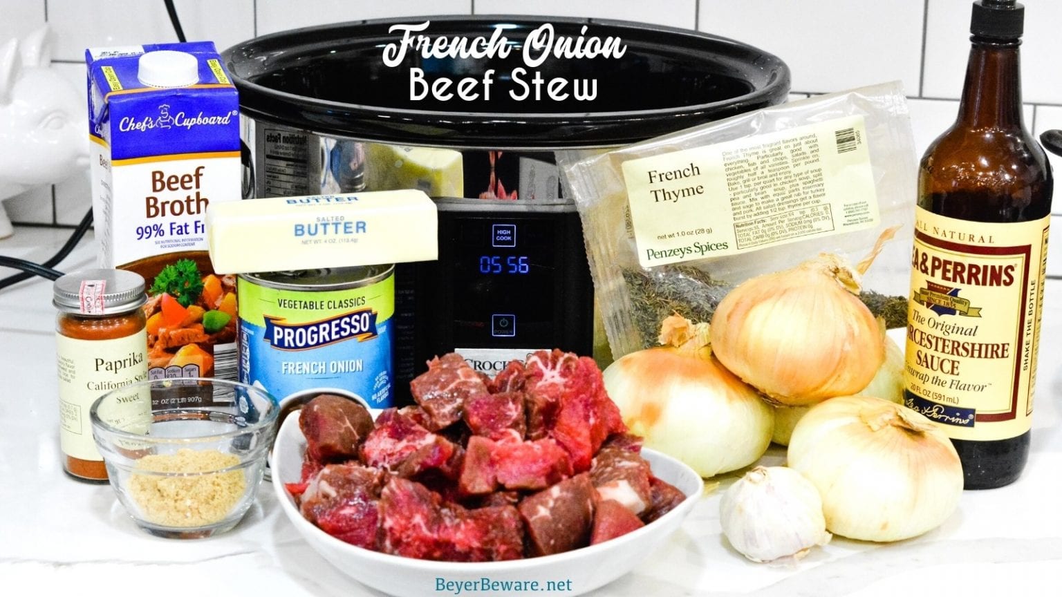 The ingredients to make this buttery French onion beef stew is made