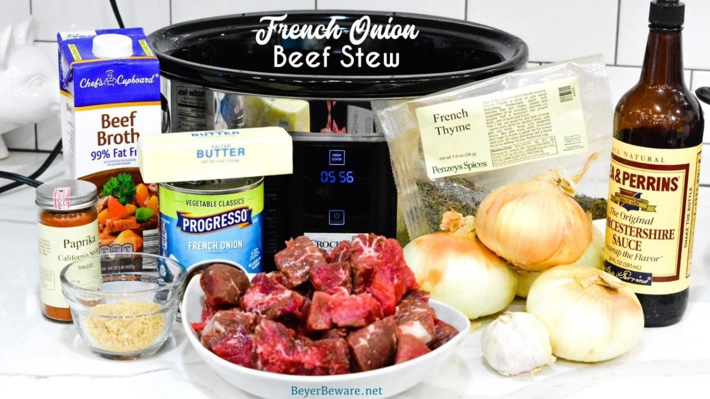 Crock Pot French Onion Beef Stew is a hearty French onion soup recipe that combines the rich flavors from the beef and caramelized onions for a buttery soup topped off with crusty bread or croutons and cheese.