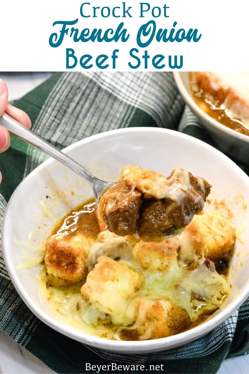 Crock Pot French Onion Beef Stew is a hearty French onion soup recipe that combines the rich flavors from the beef and caramelized onions for a buttery soup topped off with crusty bread or croutons and cheese.