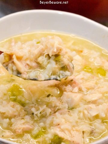 Grandma's chicken and rice soup is made from a whole chicken, onions, celery, and rice with seasonings, butter, and Better than Bouillon for spoonfuls of comfort.