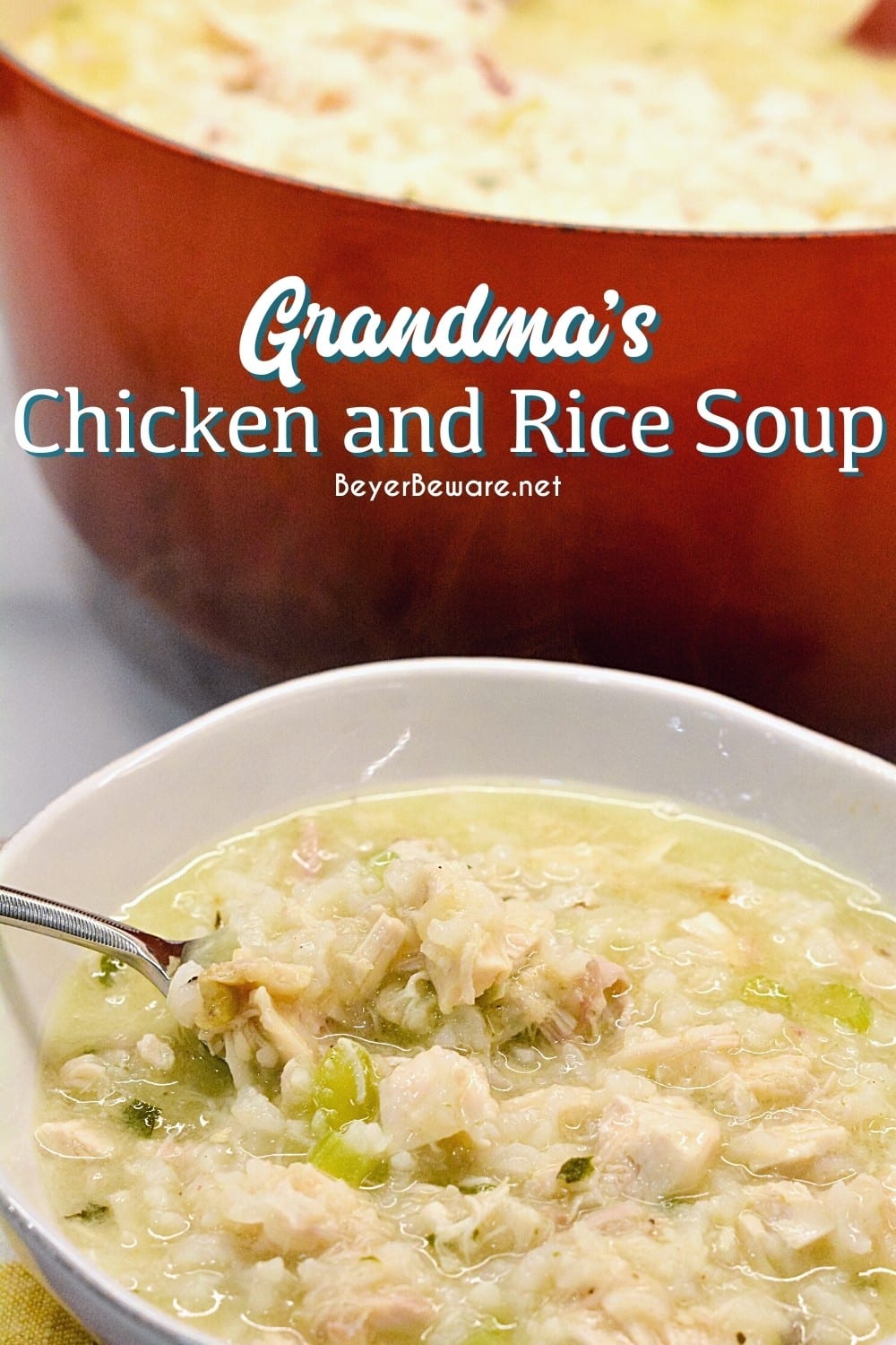 Grandma's chicken and rice soup is made from a whole chicken, onions, celery, and rice with seasonings, butter, and Better than Bouillon for spoonfuls of comfort.