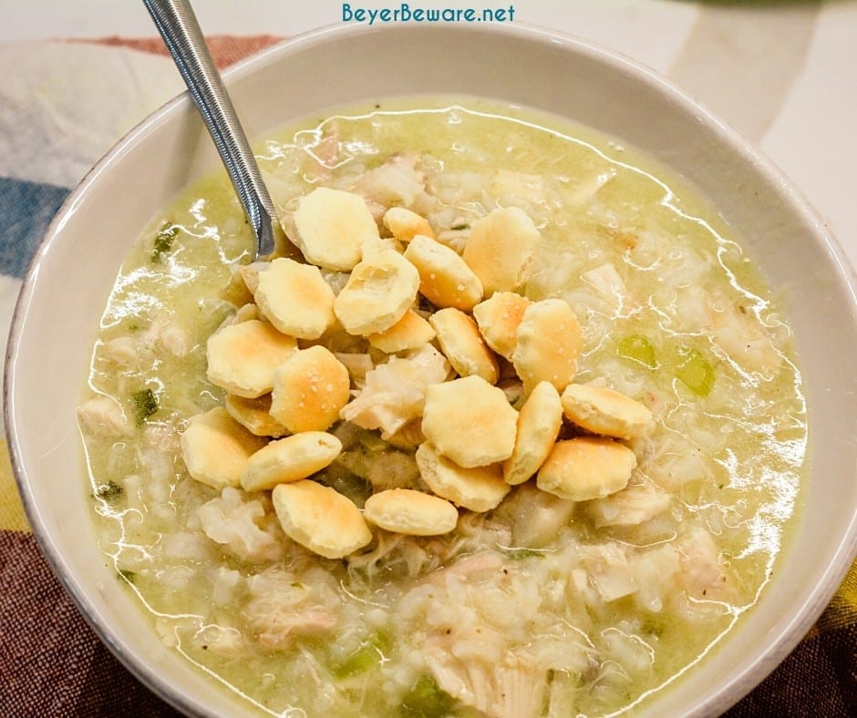 Grandma's chicken and rice soup is made from a whole chicken, onions, celery, and rice with seasonings, butter, and Better than Bouillon for spoonfuls of comfort.