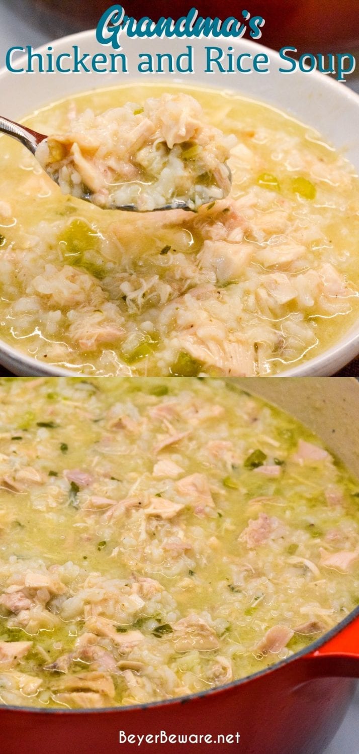 Grandma's chicken and rice soup is made from a whole chicken, onions, celery, and rice with seasonings, butter, and Better than Bouillon for spoonfuls of comfort.