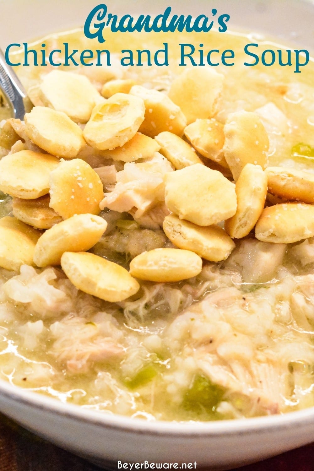 Grandma's chicken and rice soup is made from a whole chicken, onions, celery, and rice with seasonings, butter, and Better than Bouillon for spoonfuls of comfort.