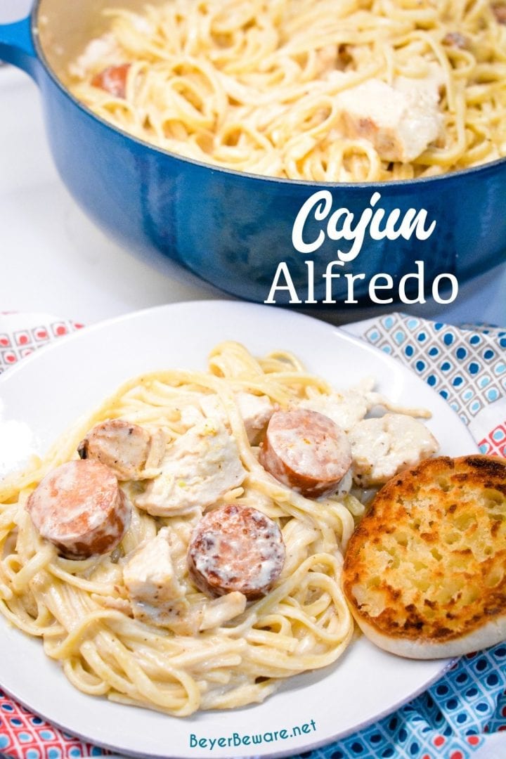 Cajun smoked sausage and chicken alfredo combines air fryer grilled chicken with pan sauteed in a skillet with garlic before being combined with alfredo and a creamy parmesan alfredo sauce.