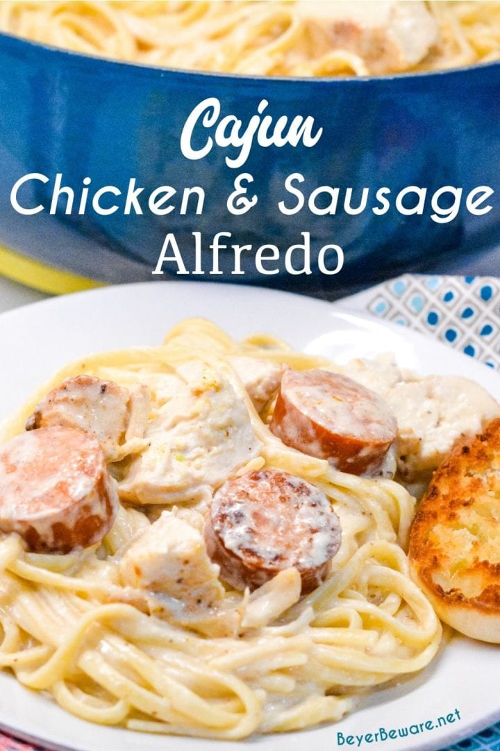 Cajun chicken alfredo with smoked sausage combines air fryer grilled chicken with andouille sausage pan sauteed in a skillet with garlic before being combined with a creamy parmesan cajun alfredo sauce.