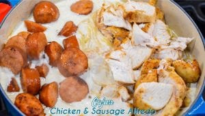Cajun smoked sausage and chicken alfredo combines air fryer grilled chicken with pan sauteed in a skillet with garlic before being combined with alfredo and a creamy parmesan alfredo sauce.