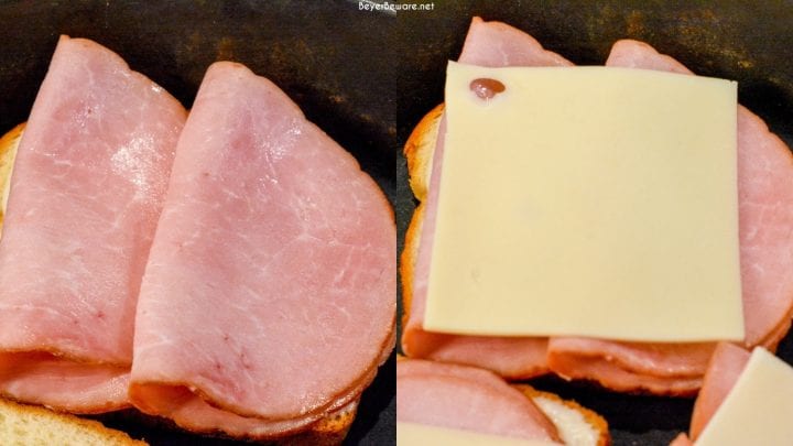 Croque Monsieur is an over the top grilled ham and cheese sandwich recipe that is made with King's Hawaiian bread, Smithfield smoked ham, swiss and gruyere cheese, and a mustard Bechamel sauce.