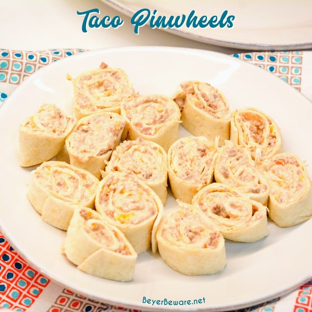 Taco pinwheels are the perfect way to use up leftover taco meat and tortilla shells in a different way than just as tacos again by simply mixing cream cheese, salsa, and taco meat together and spreading over the tortilla shell before rolling up into a pinwheel.