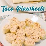 Taco pinwheels are the perfect way to use up leftover taco meat and tortilla shells in a different way than just as tacos again by simply mixing cream cheese, salsa, and taco meat together and spreading over the tortilla shell before rolling up into a pinwheel.