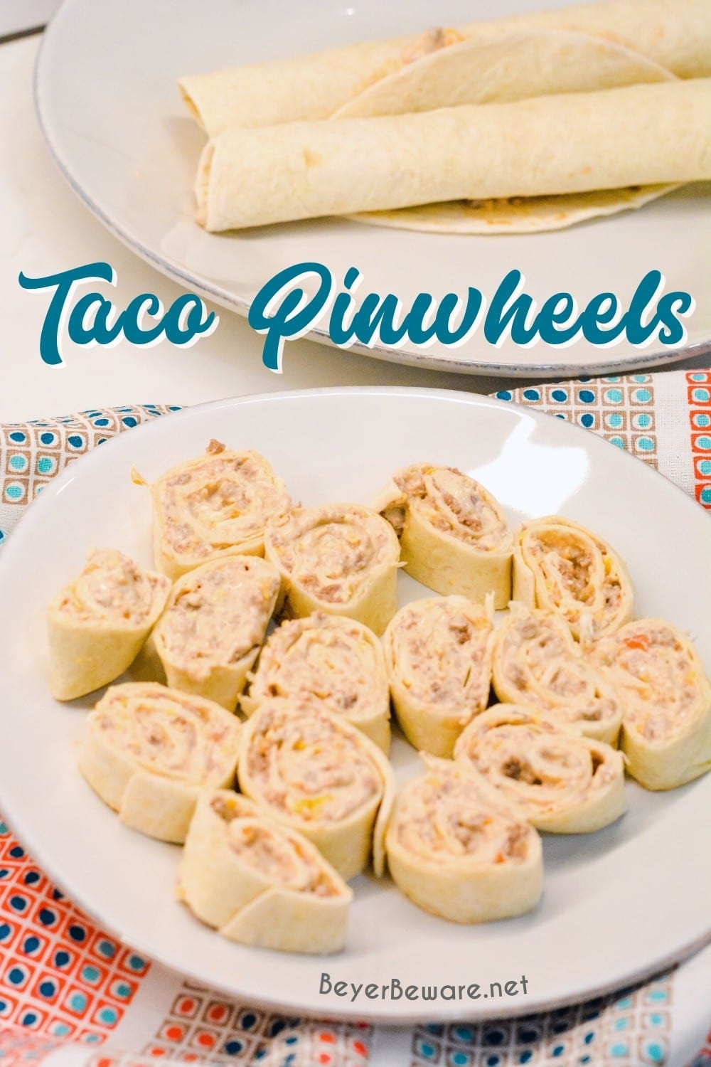 Taco pinwheels are the perfect way to use up leftover taco meat and tortilla shells in a different way than just as tacos again by simply mixing cream cheese, salsa, and taco meat together and spreading over the tortilla shell before rolling up into a pinwheel.